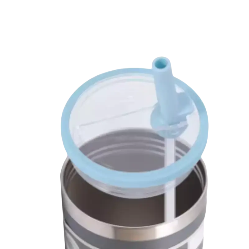 Stainless steel water bottle with a light blue lid and straw.