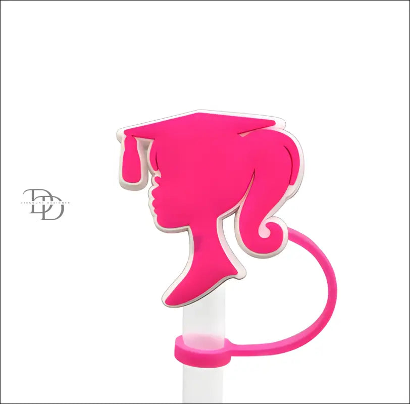 Pink silhouette profile of a Barbie head on a stand.