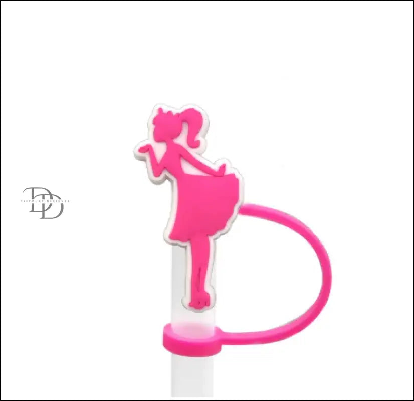 Pink silhouette keychain or charm showing a girl in a dress with a ponytail.