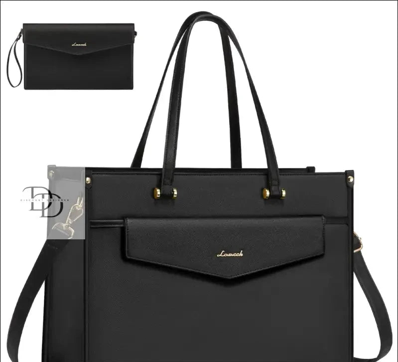 Black leather handbag with multiple compartments and detachable straps.