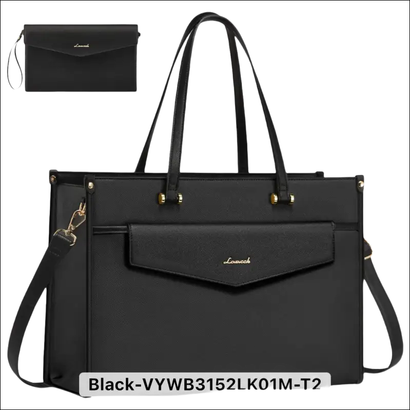 Black leather handbag with multiple compartments and detachable straps.