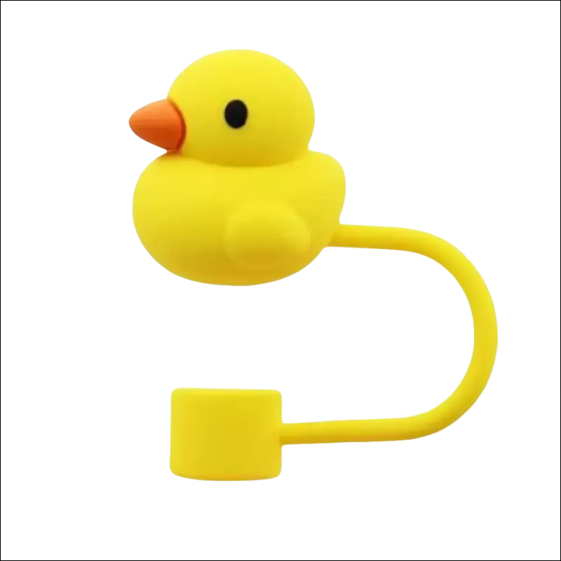 Yellow rubber duck tea infuser with a curved handle.