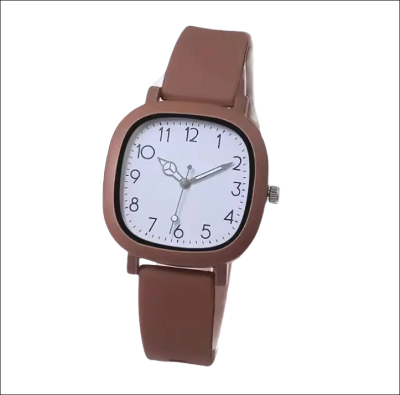 Wristwatch with a square-shaped brown case and matching brown strap.