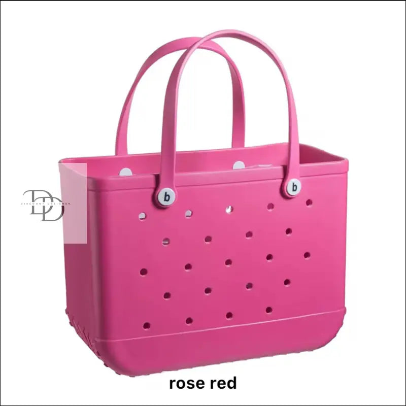 Rose red tote bag with handles.