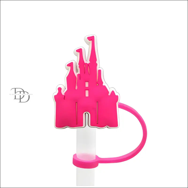 Pink Disney castle-shaped hand sanitizer holder with an attached loop.
