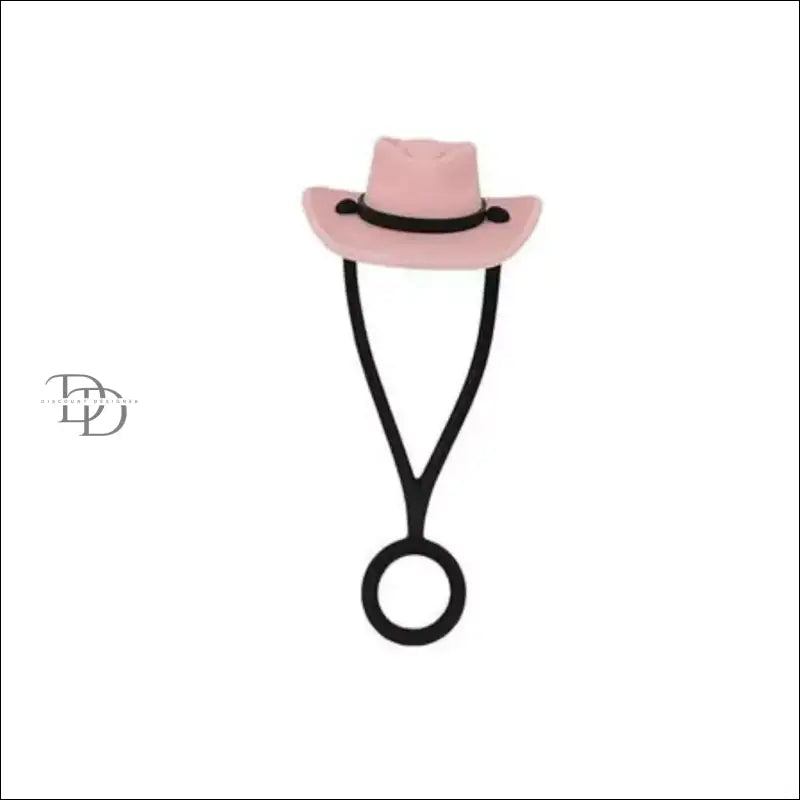 Pink cowboy hat with a black band and chin strap.