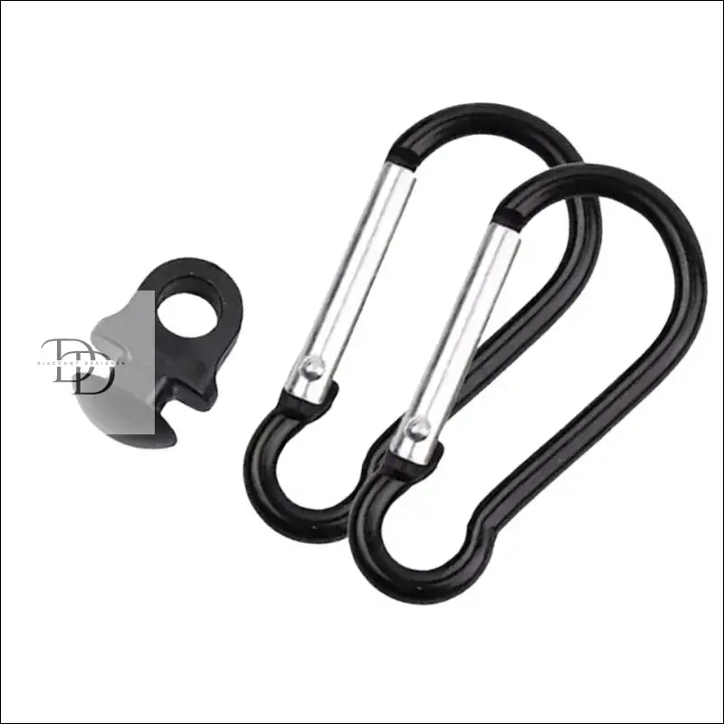Two black and silver carabiners with a small black plastic clip.