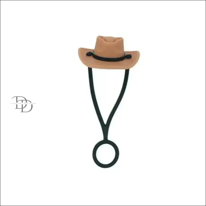 Tan cowboy hat with a black chin strap.