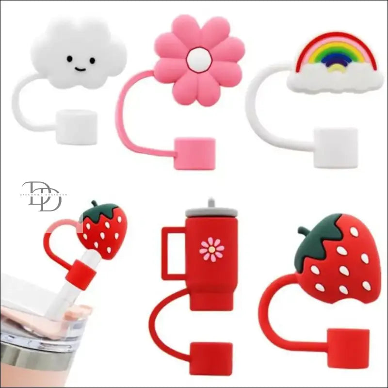 Collection of cute, colorful USB charging cables with decorative shapes like a cloud, flower, rainbow, strawberries, and a mug.