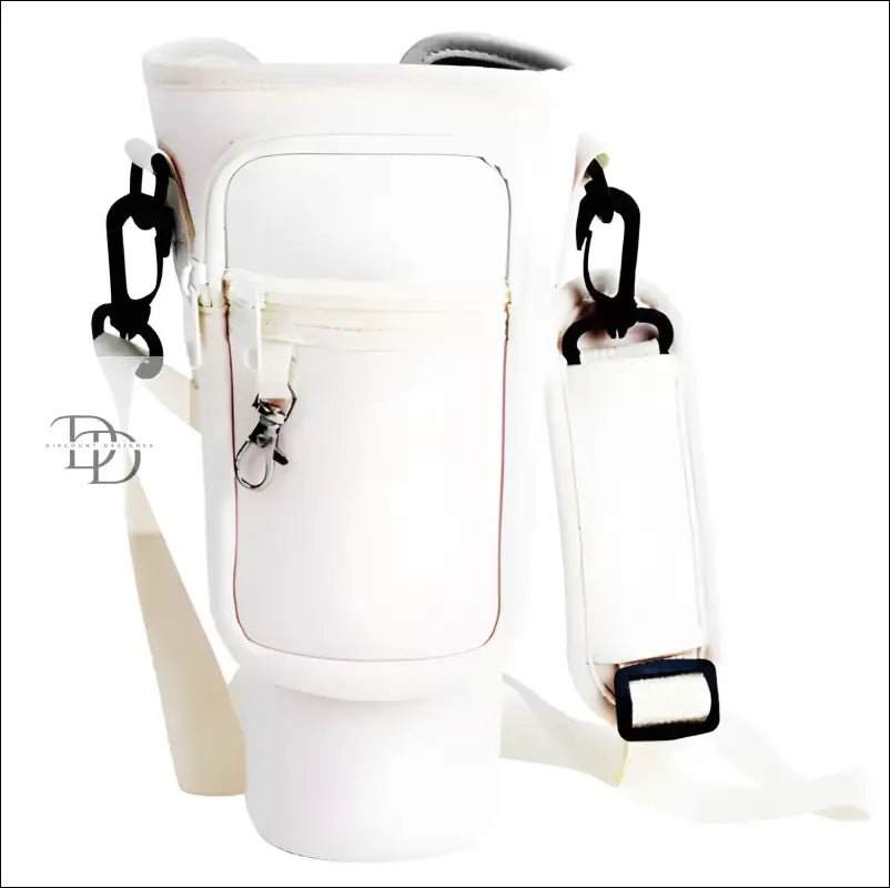 White insulated tumbler with a zippered pocket and adjustable shoulder strap.