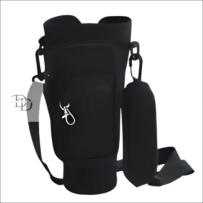 Black insulated water bottle carrier with shoulder strap.