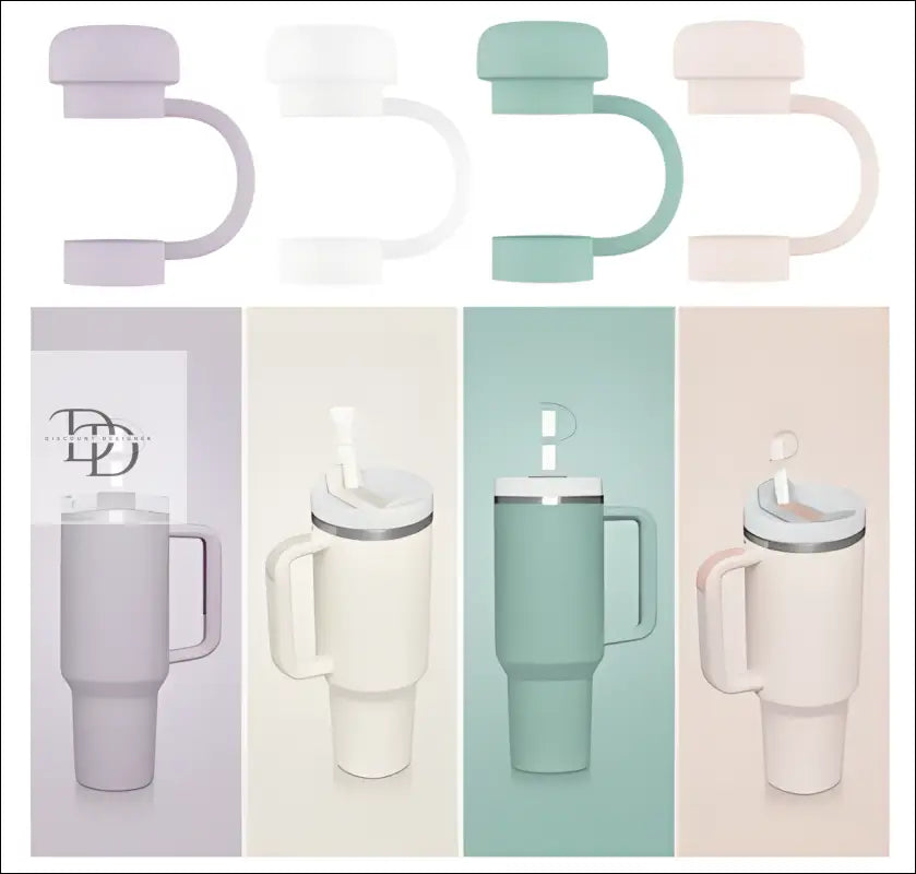 Insulated travel tumblers in pastel purple, white, mint green, and beige colors.