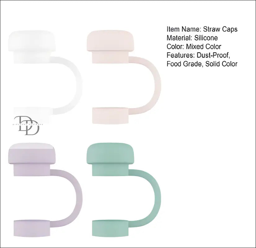 Silicone straw caps in white, pink, purple, and mint green colors.