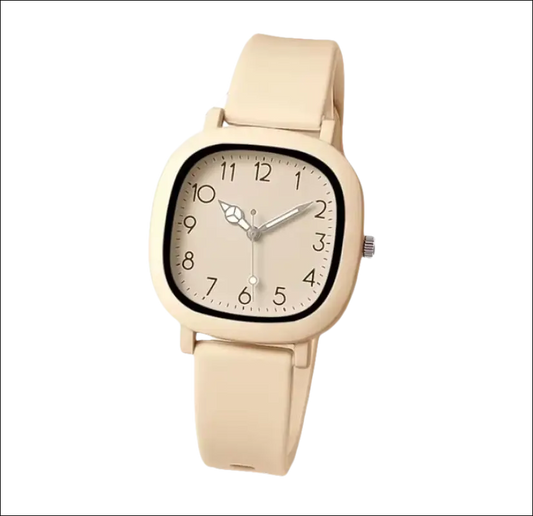 Beige wristwatch with a square-shaped face and analog display.
