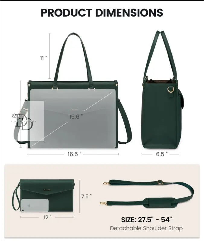 Dark green handbag with multiple carrying options and compartments shown from different angles.