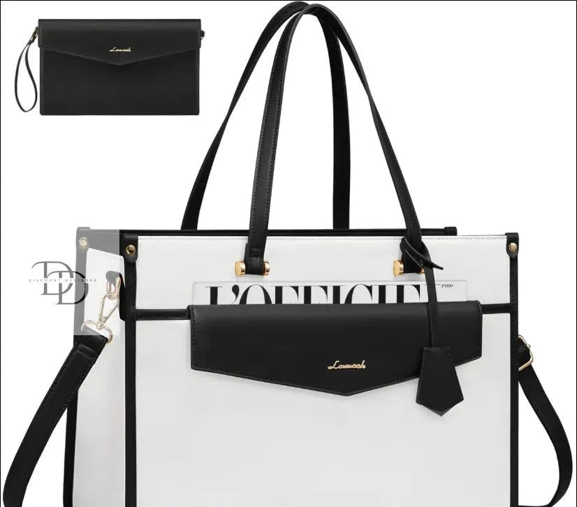 White and black designer tote bag with contrasting trim and a detachable shoulder strap.