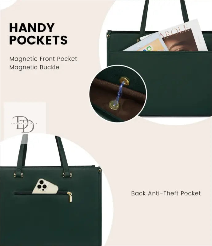 Dark green handbag with multiple pockets and magnetic closures.