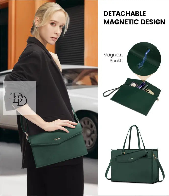 Green handbag with detachable magnetic design and multiple carrying options.