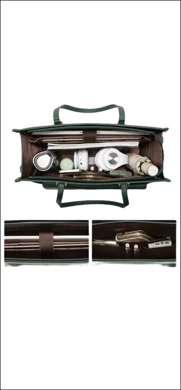 Open toiletry bag displaying various personal care items inside.