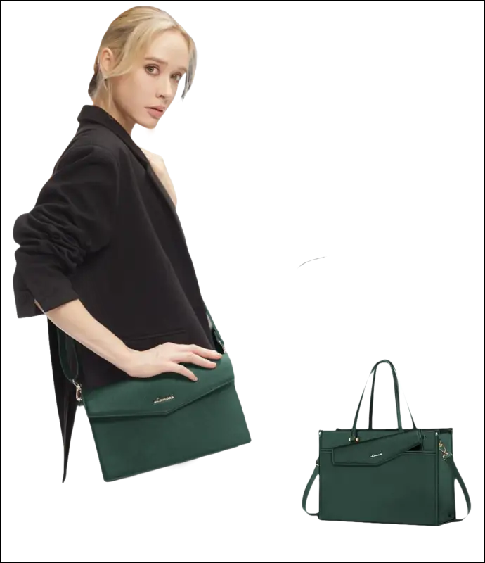 Green handbag with detachable magnetic design and multiple carrying options.