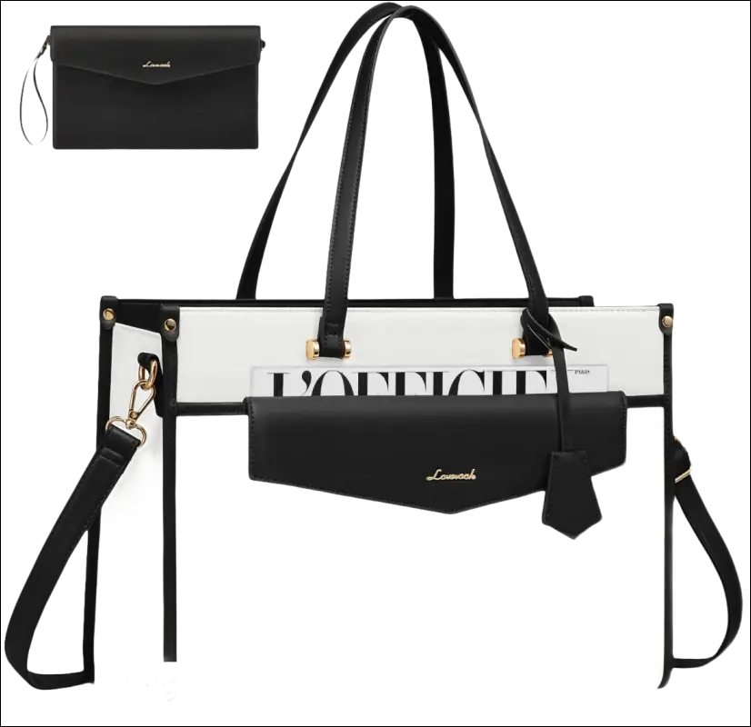White and black designer tote bag with contrasting trim and a detachable shoulder strap.