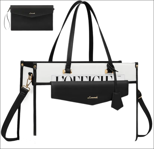 White and black designer tote bag with contrasting trim and a detachable shoulder strap.