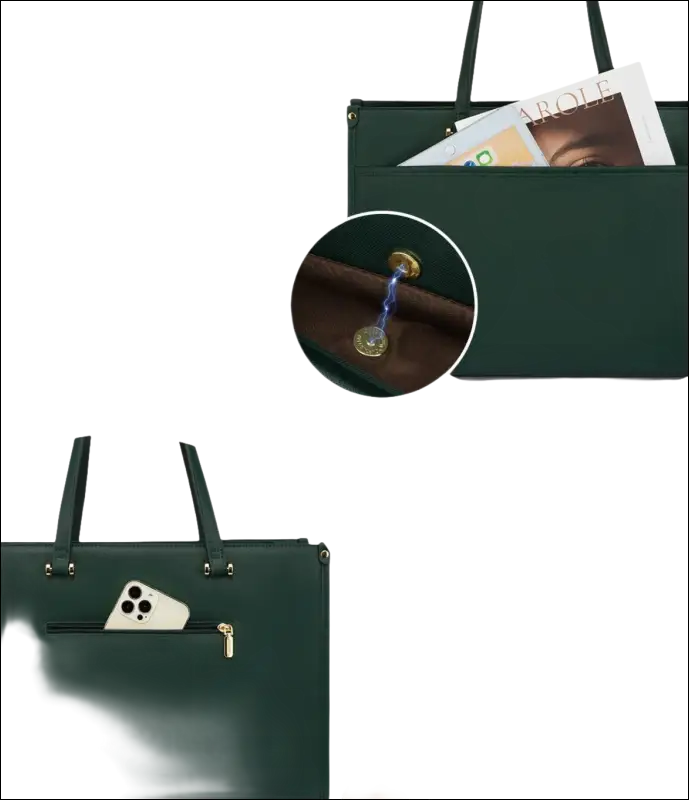 Dark green handbag with multiple pockets and magnetic closures.