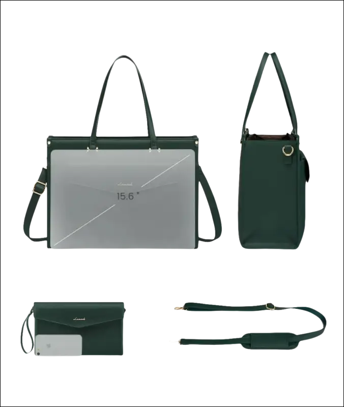 Dark green handbag with multiple carrying options and compartments shown from different angles.
