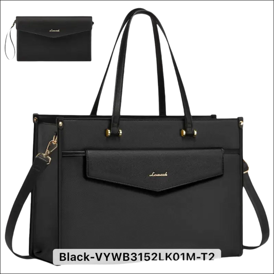 Black leather handbag with multiple compartments and detachable straps.
