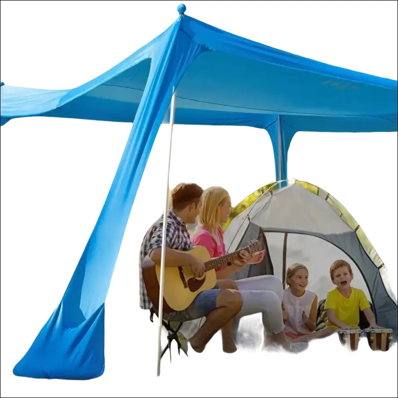 Blue canopy tent sheltering a camping scene with people and a small tent.