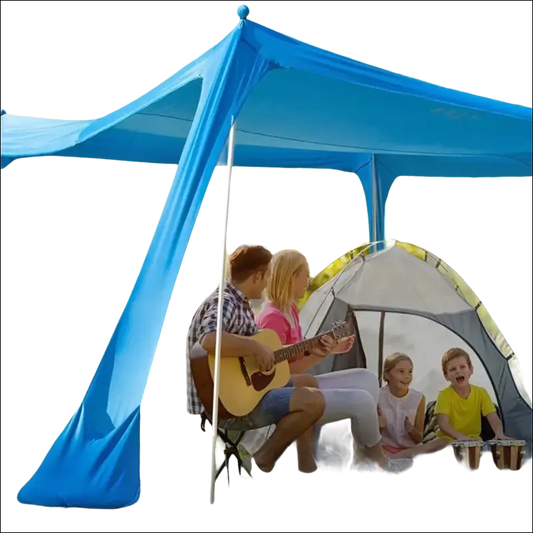 Blue canopy tent sheltering a camping scene with people and a small tent.