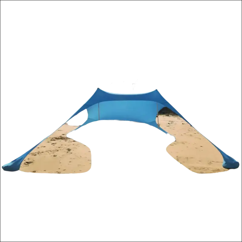 Blue canopy-style beach tent anchored in sand.