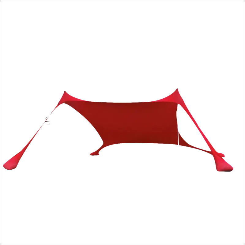 Red portable sun shade or beach tent with flexible poles and a stretched fabric canopy.