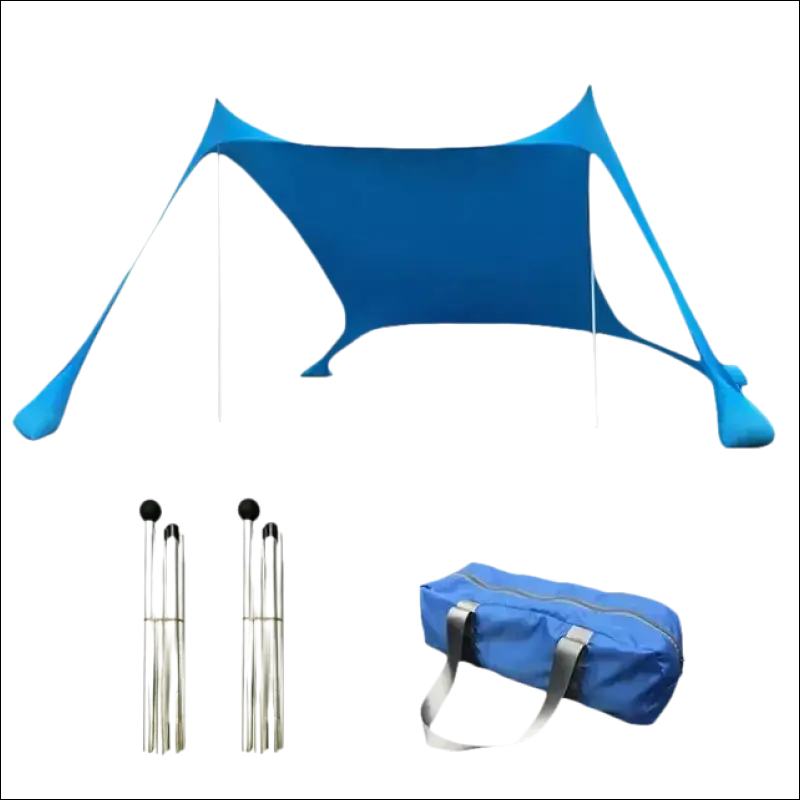 Portable blue beach sunshade with poles and carrying bag.