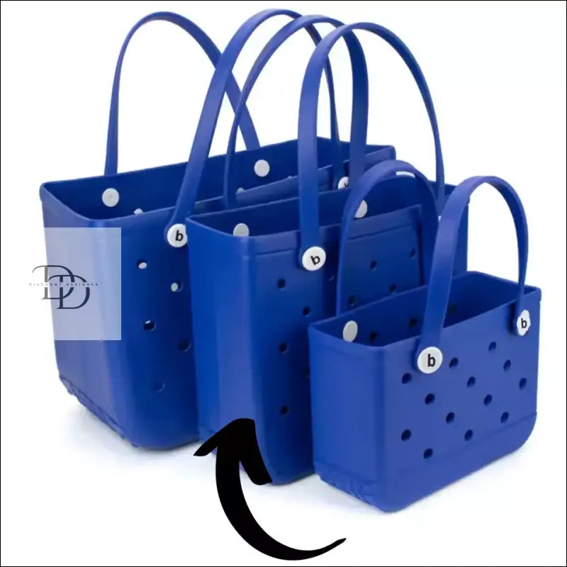 Set of blue plastic tote bags with holes and handles.