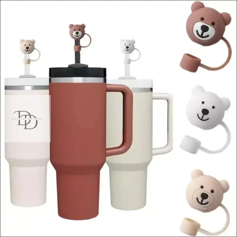 Insulated travel mugs with cute bear-shaped lids and straws.