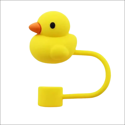 Yellow rubber duck tea infuser with a curved handle.