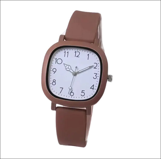 Wristwatch with a square-shaped brown case and matching brown strap.