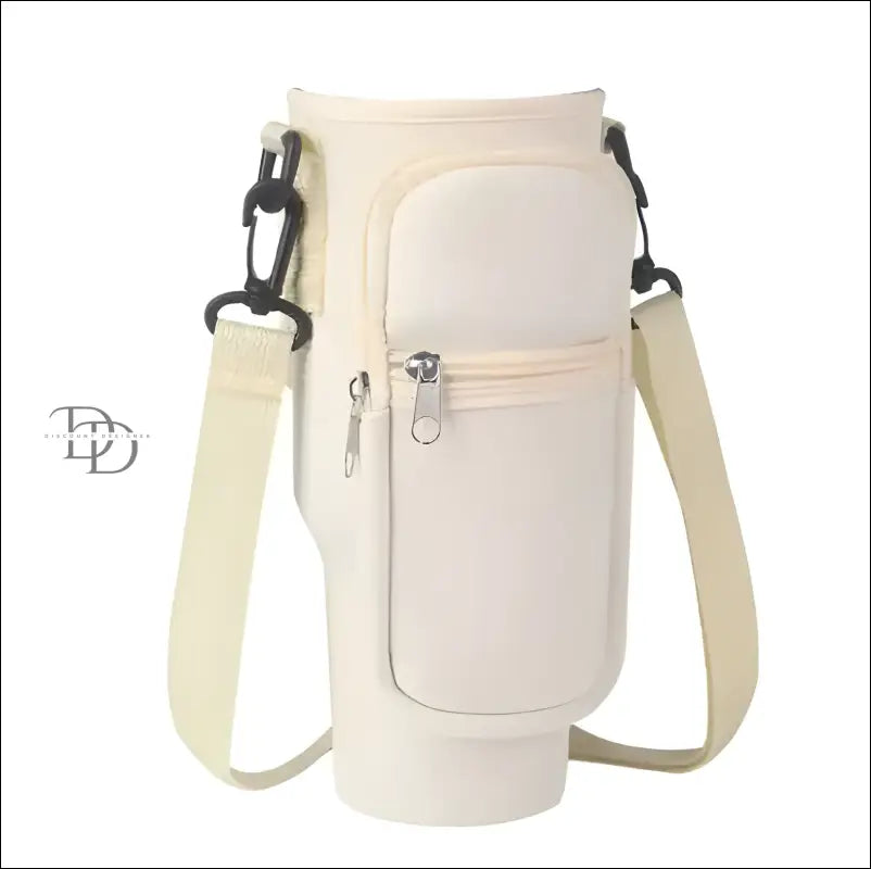 Insulated bottle carrier with shoulder strap and zippered pocket.