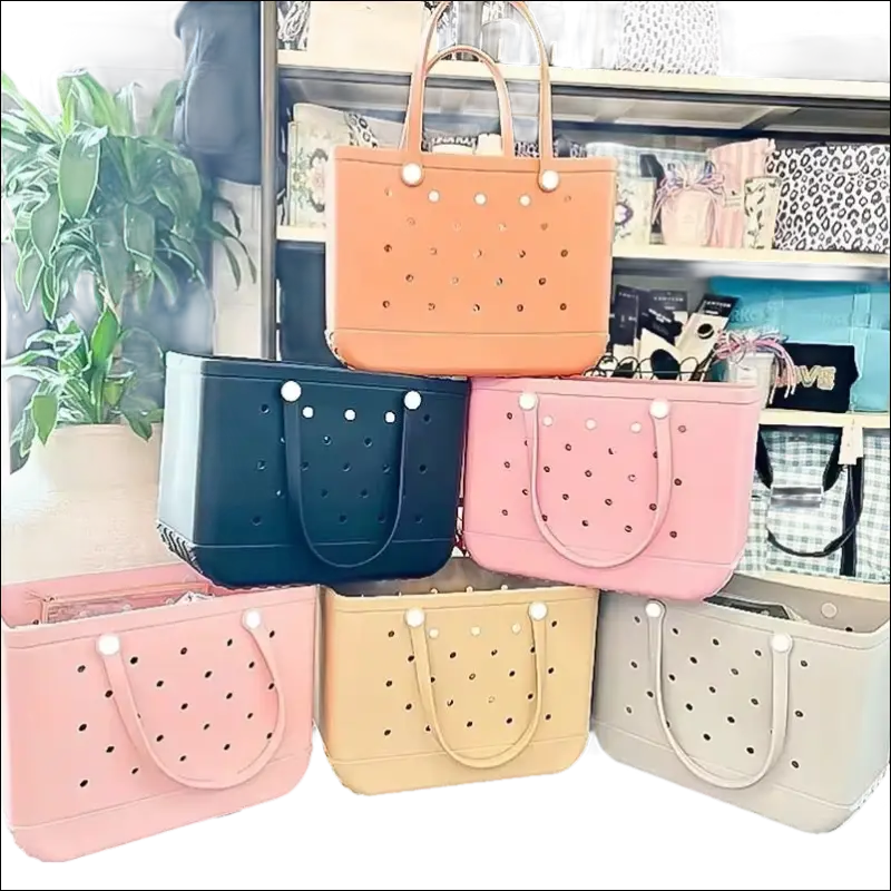 Colorful perforated tote bags.