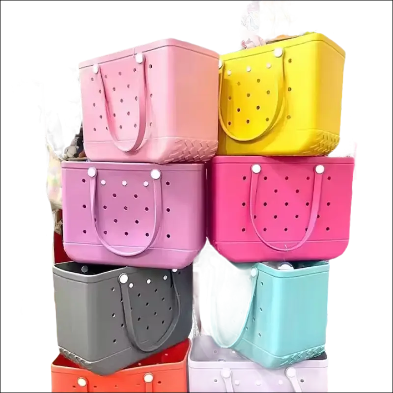 Colorful perforated tote bags.